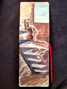 Peinture d'un homme assis dans les escaliers