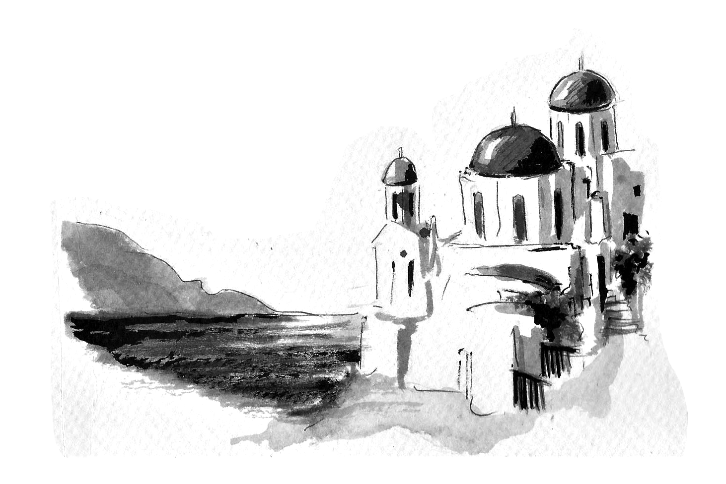 Ile grecque, église orthodoxe, peinture à l'encre de chine